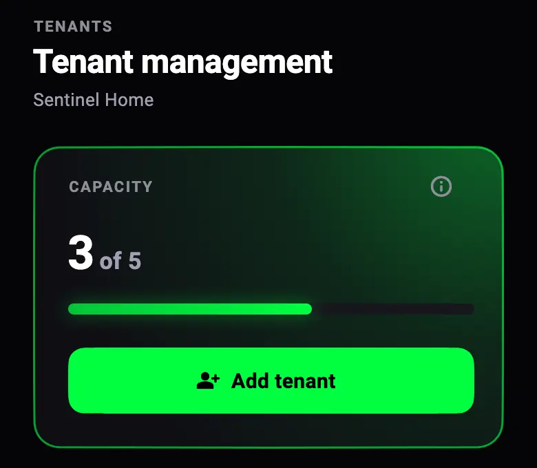 App screen with sample data: tenant management on Sentinel Home, capacity 3 of 5, and an Add tenant button.